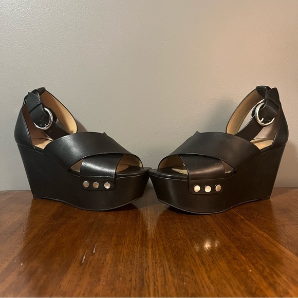 Marc Fisher Chic Black Leather Wedge Sandals. Women’s size 6.5 - Picture 3 of 13